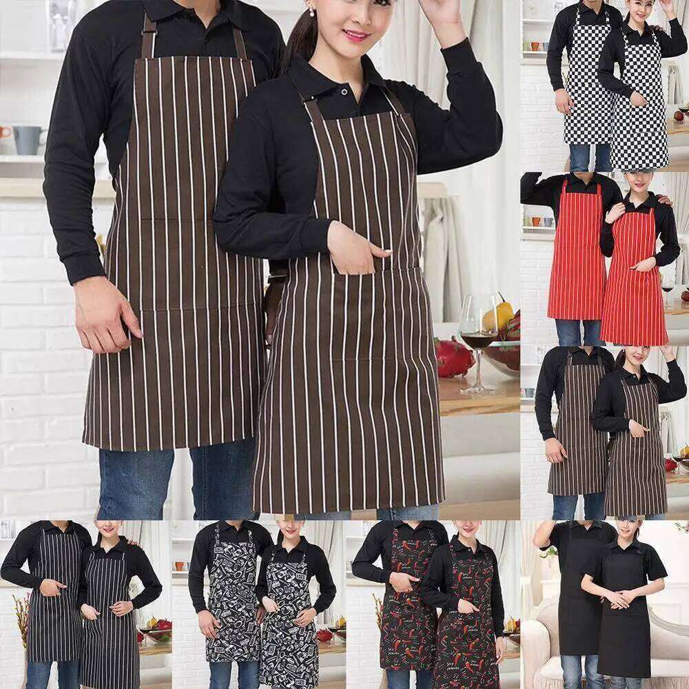 Half-length Adjustable Kitchen Adult Striped Restaurant Hotel Chef Waiter Picnic Cook Apron With 2 Pockets S260205