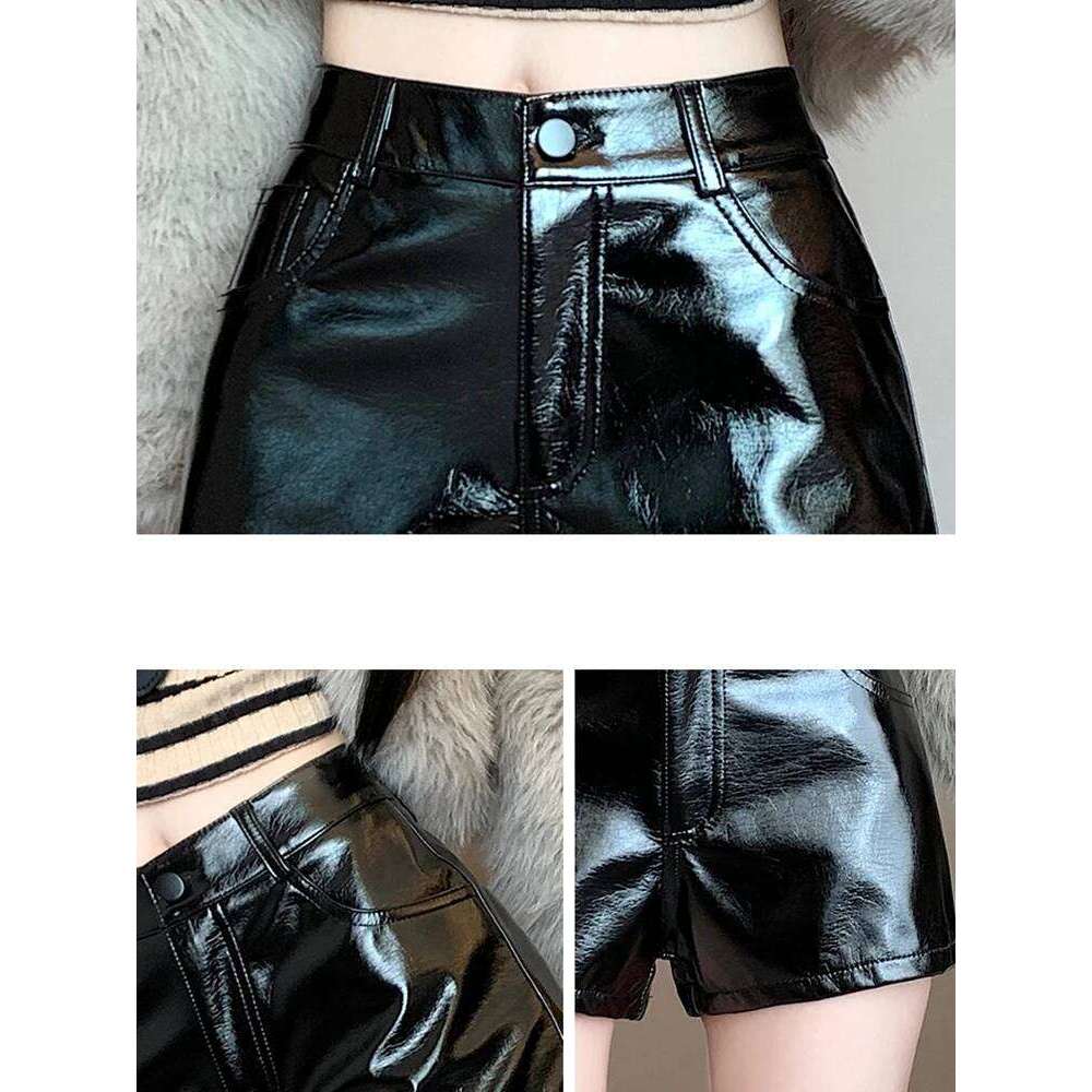 American Retro Sexy Pu Leather Shorts Womens 2024 Autumn Winter Black Hotsweet Bright Short Pants Female XJ260206