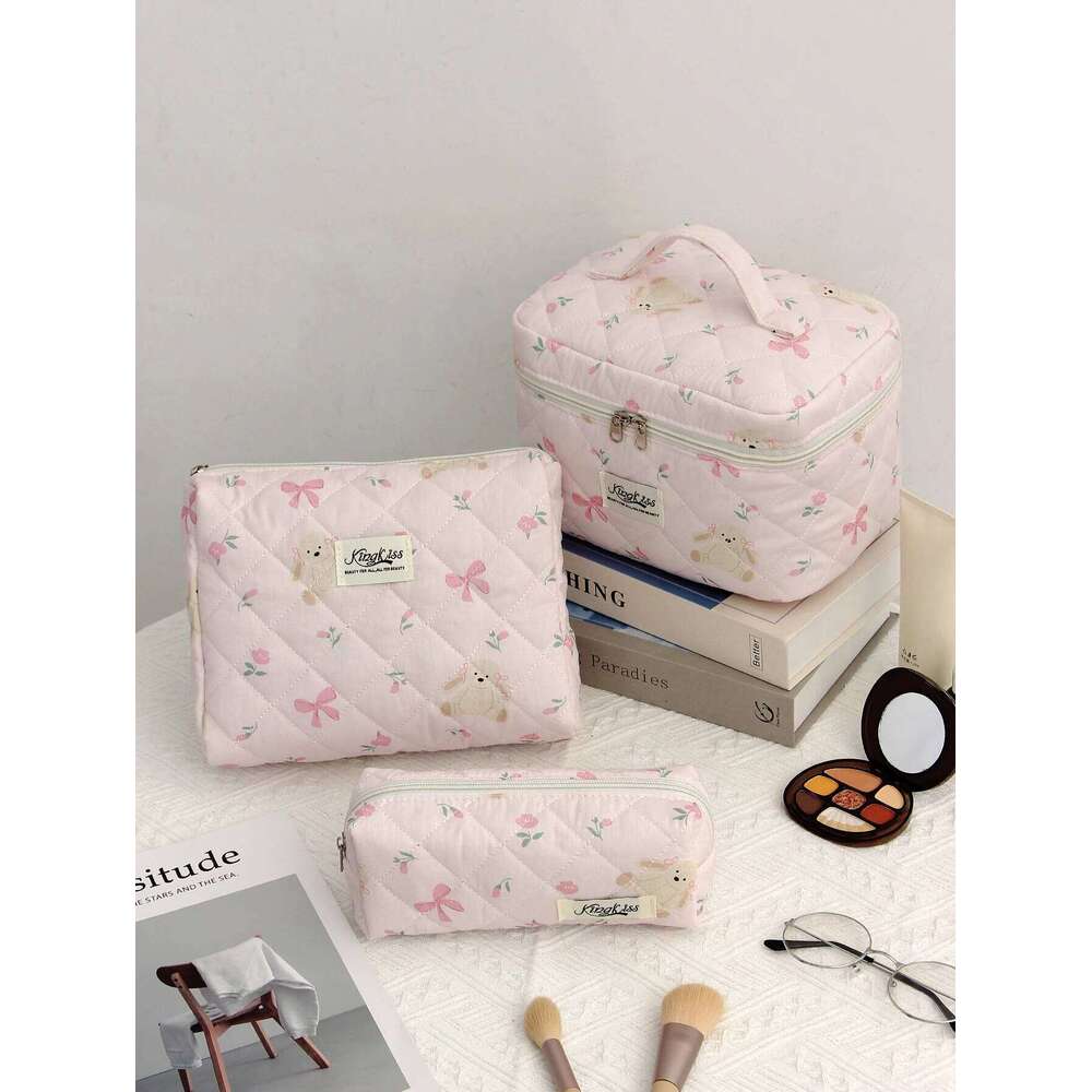 1pc/set Quilted Bathroom Storage Travel Essential Bag, Cute Bow Makeup Bag Y260206