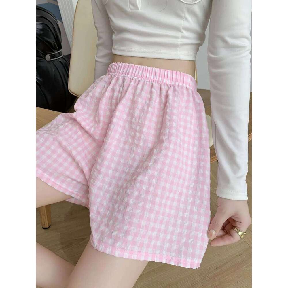 Summer Home Shorts Women's High Waisted Slimming Wide Leg Sports Casual Loose Plaid Pajama Pants XJ260206