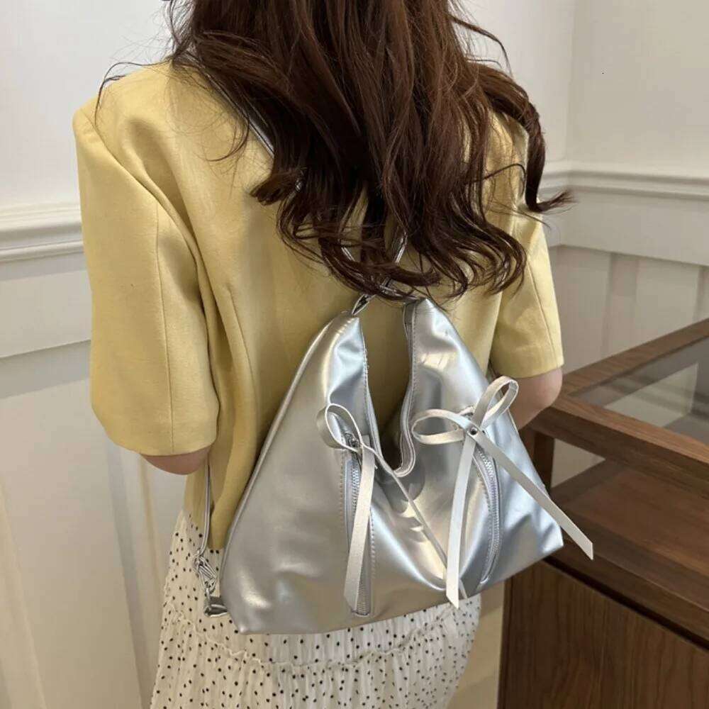 Trendy Shoulder Hot Sale PU Leather Large Capacity Totes Bowknot Casual Messenger Bag Lady Silver Handbags and Purses Y260205