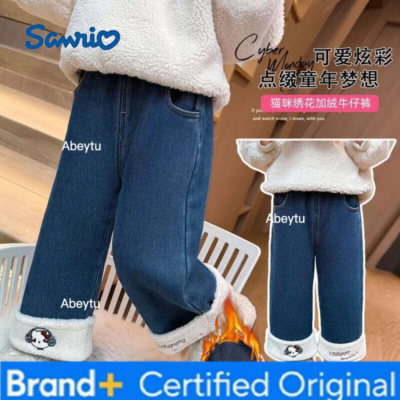 Sanrio Girls Jeans Velvet Autumn Winter New Leisure Trousers Loose Keep Warm Kawaii Cartoon Anime Thicken Straight Pants H260206