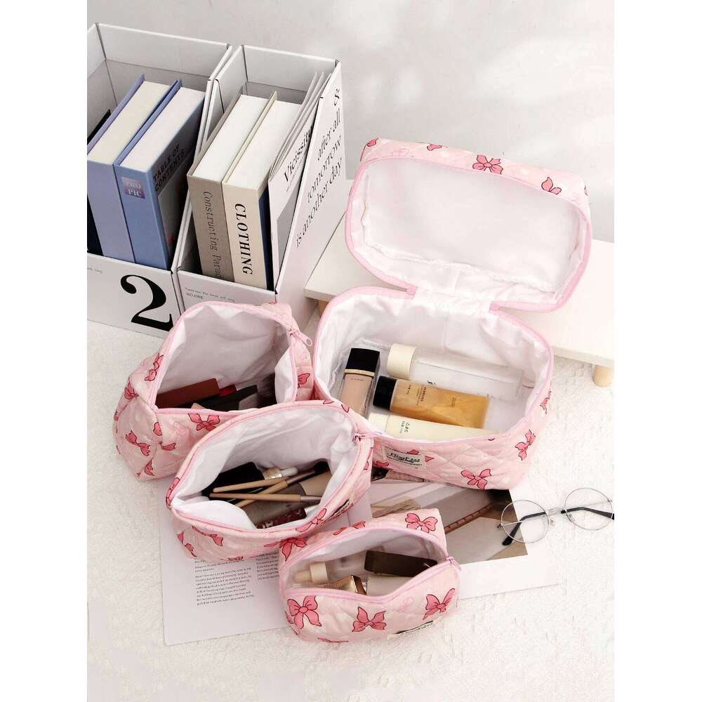 1pc/set pink quilted ribbon bow pattern design, large capacity cute toiletry bag, travel storage makeup bag Y260206