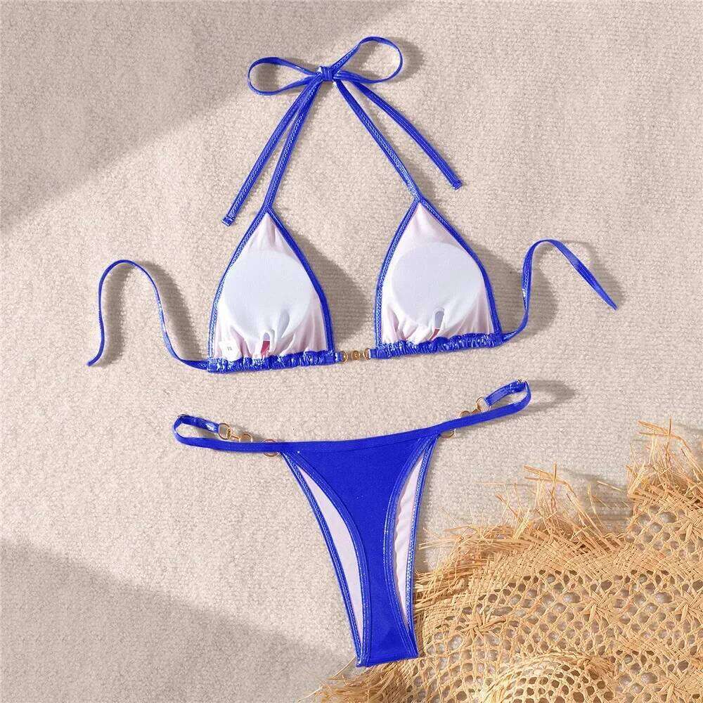 Blue Bright Surface Swimwear Halter String Triangle Micro Bikini Mujer Sexy Swimsuit Women Bead Bathing Suit Bikinis Sets 2025 Z260206