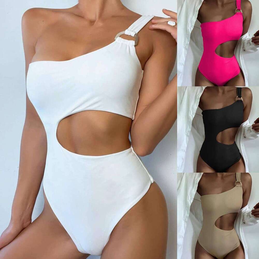 Women Bikini Solid Color Single Shoulder One-piece Temperament Openwork Soft Swimwear Traingle Halter Designer Sense For Beach XJ260206