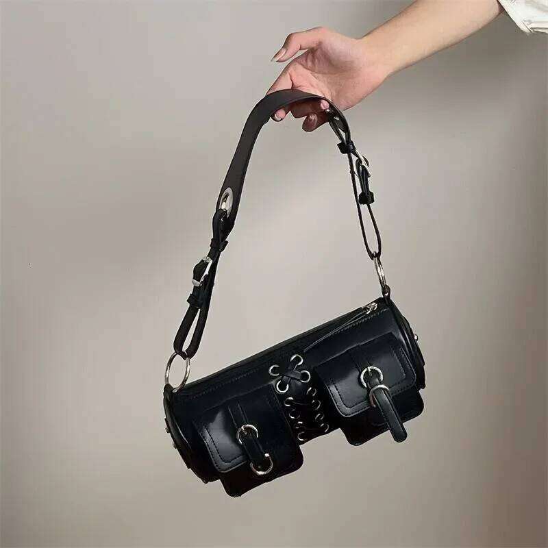 Vintage Black Women Cylinder Underarm Bags Double Pocket Design Ladies Shoulder Bag Fashion Female PU Leather Purse Handbags Y260205
