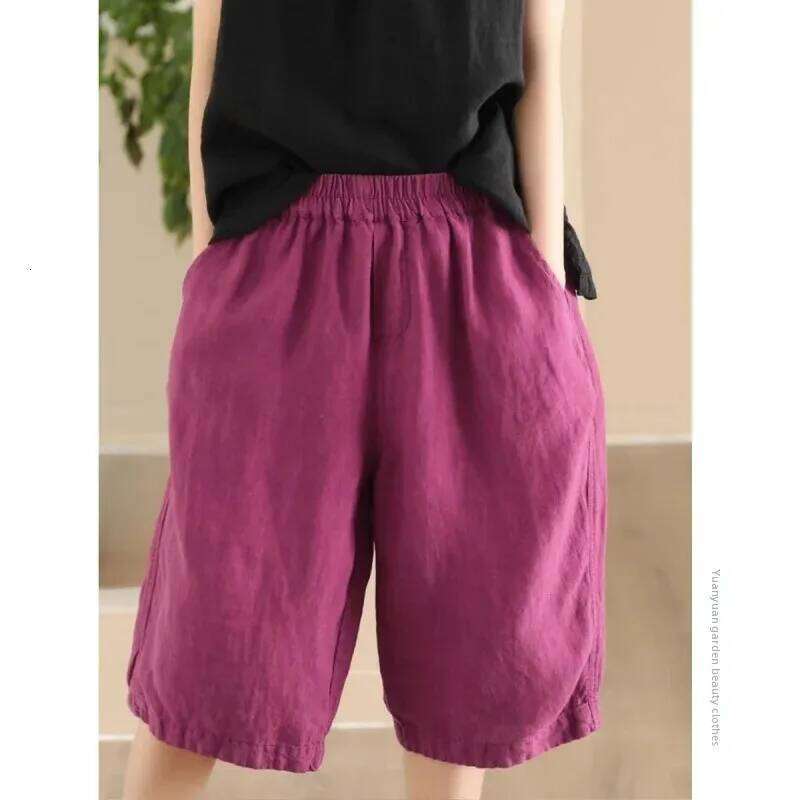 Cotton Linen over Knee Summer Five-Point Loose Elastic plus Size Casual Wide Leg Pants for Middle-Aged And Elderly XJ260206