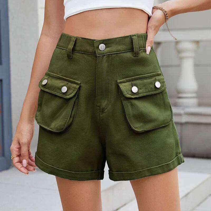 Flap Pocket Cargo Denim Women's Summer High Elastic Waist Matching Casual Rolled Hem Straight Shorts Jeans C260206