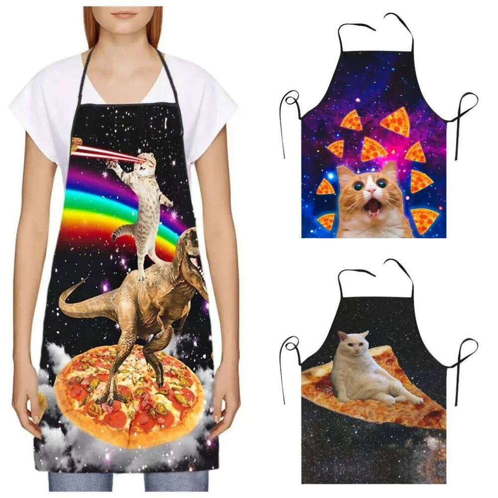 Space Pizza Meme Apron Adults, Unisex Funny Animal Bib Kitchen Cooking, Gift for Chef & Cat Lovers S260205