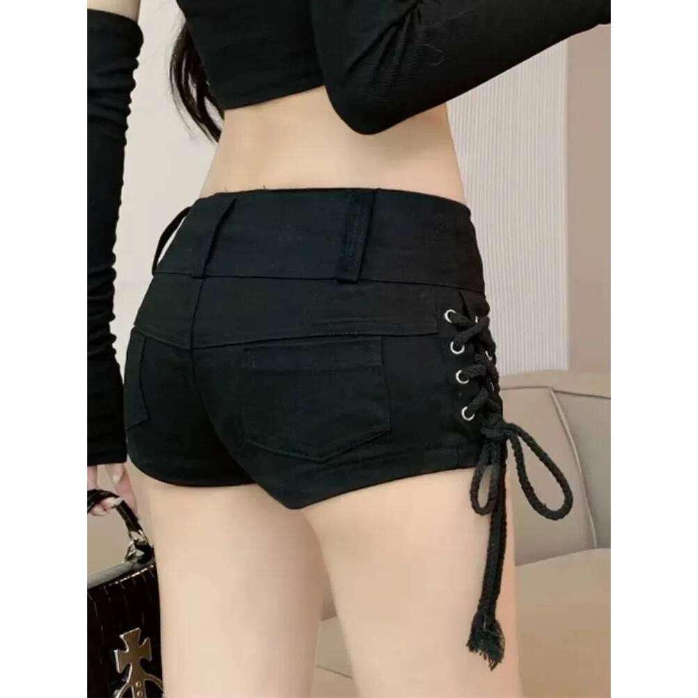 Black Denim Shorts for Women Skinny Bandage Design Y2k Sexy Girls Tender Low Waist Vintage American Style All-match Fashion Ins H260206