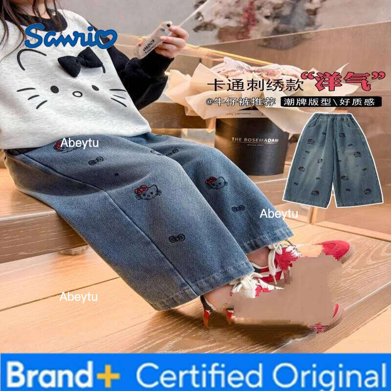 Sanrio Girls' Spring Hello Kitty Autumn Casual Jeans 2025 New Style Straight Pants Children Western Fashion Korean Edition Tops H260206