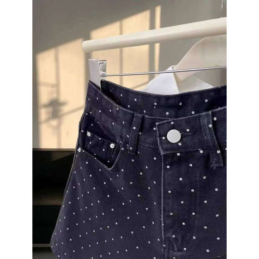 Black Polka Dot Denim Shorts Female Girl with High Waist Slimming Wide Legs A-line Hip Hot Pants XJ260206