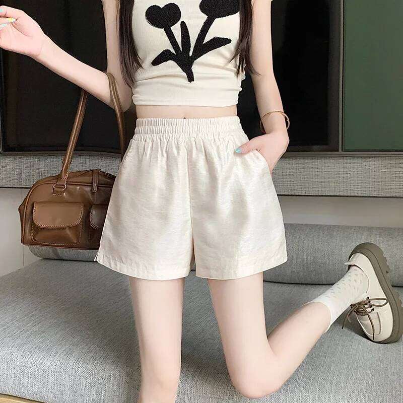 Korean Style Ice Silk Cotton Linen Women's Wide Leg Short Summer Thin Hot Pants Split Design Lightweight Comfortable XJ260206