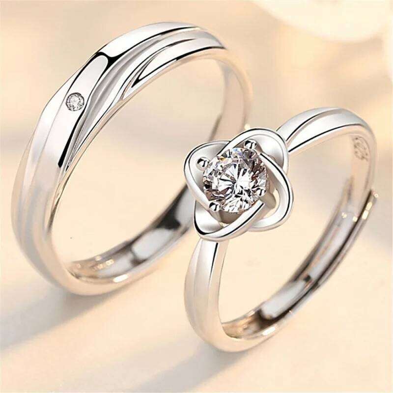 Luxury Zircon Couple Paired Rings For Women Men Exquisite Crown Flower Promise Adjustable Finger Ring Lover Wedding Jewelry Gift W260206