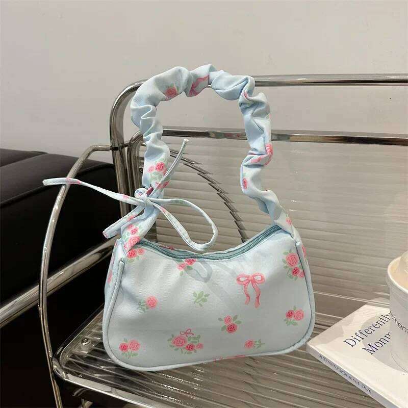 Korean Style Women's Shoulder Bag Y2K Sweet Floral Bow Printed Zipper Tote Pleated Canvas Daily Handbag Y260205