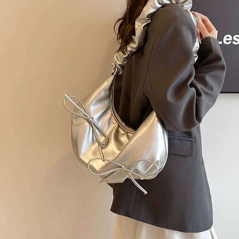 INS Simplicity Korean Sweet Hobo for Student Girl Solid Color Bow Ribbon Shoulder Large Capacity Commuter Storage Bag Y260205