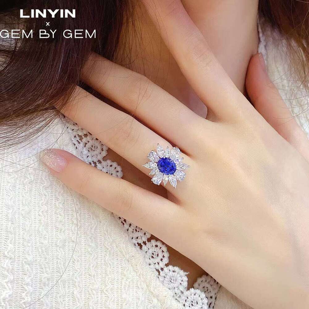 Fine Jewelry Factory 925 Silver Solid 18K White Gold Jewellery Engagement Natural Blue Sapphire Gemstone Diamond Ring
