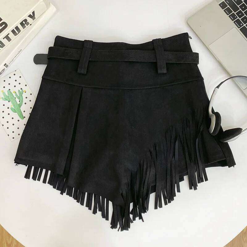 Autumn Winter Women's Faux Suede Skirts Retro High Waist Irregular Tassel Short Pants Side Zipper Anti-glare Boot Shorts XJ260206