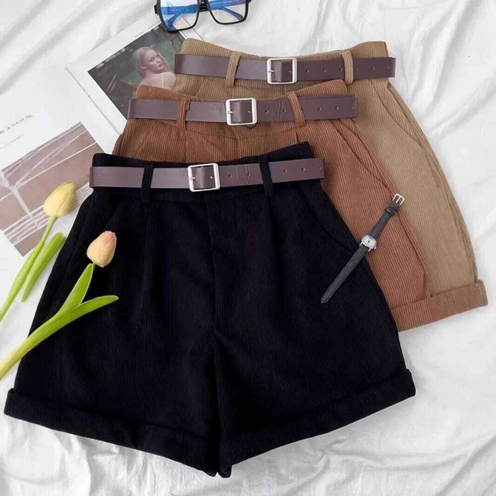 Retro Corduroy High Waist Short Women's Autumn Winter Slim Wide Leg Pants Small Size Design Sense Cuffed Fashion Boot Pant XJ260206