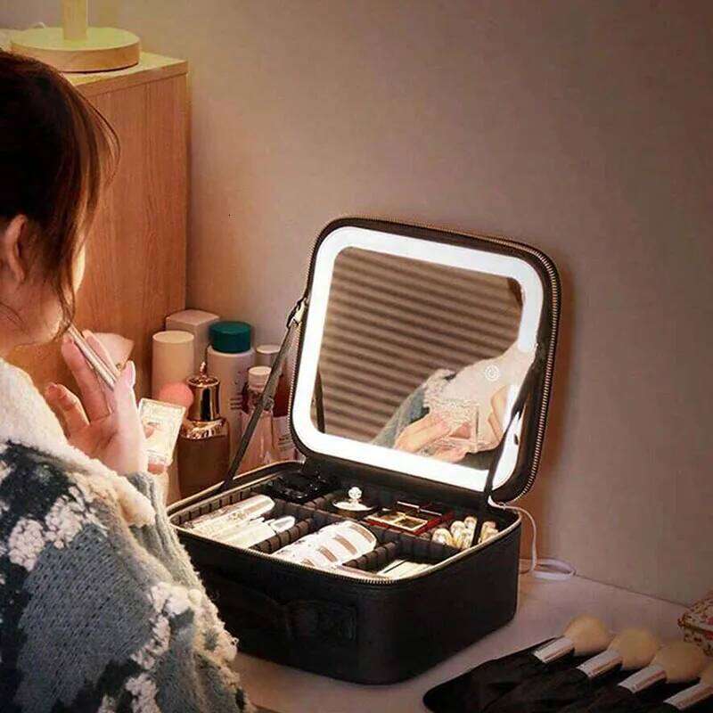 Smart 3 Color LED Travel Train Cosmetic Light And Mirror Bag Female Beautician Skincare Makeup Case For Women Y260206