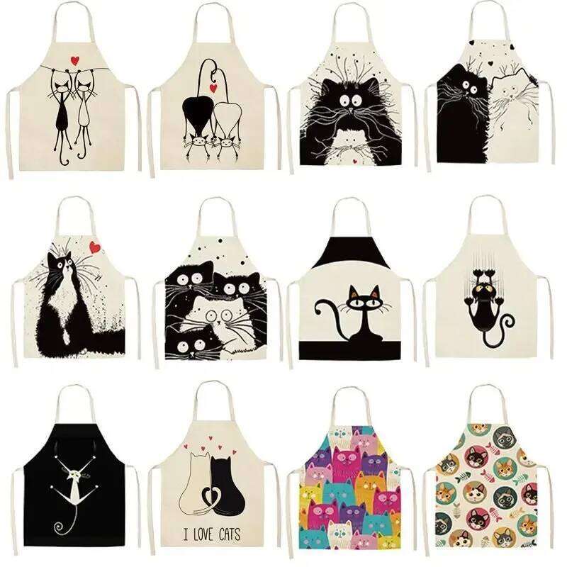 Kitchen Apron Cute Cartoon Cat Printed Sleeveless Cotton Linen Chef Aprons for Men Women Home Cleaning Tools Baking Accessories S260205