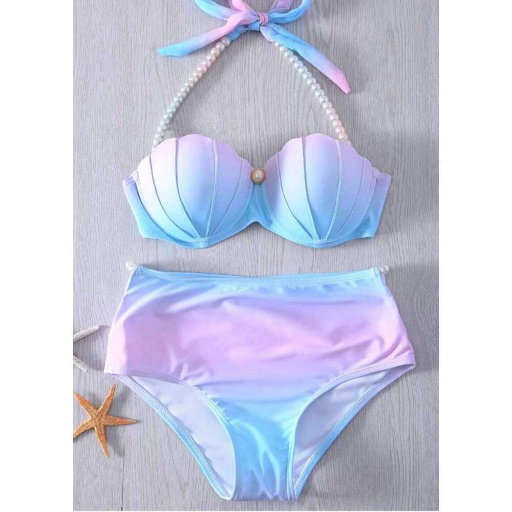 Mermaid Style Fashion Women Two Pieces Bikini Set Gradient Color Shell Halter Swimsuit Girl Swimwear Sports Beach Clothing 2023 XJ260206