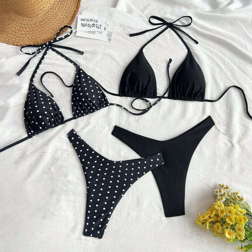 Four piece sexy bikini swimsuit set with white dots and pure black XJ260206