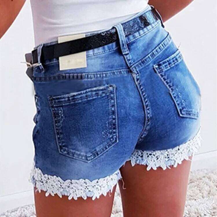2025 Summer's New Fashionable Patchwork Lace Casual Shorts, Women's Elastic and Comfortable Scratch-patterned Denim Shorts H260206