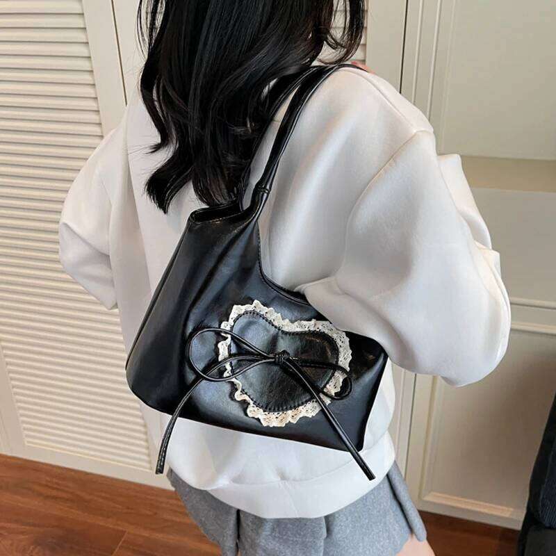 Korean Style Lace Splicing Bow Shoulder Bags Women's Large Capacity Casual Versatile Handbags New Daily Commuting Underarm Pack Y260205