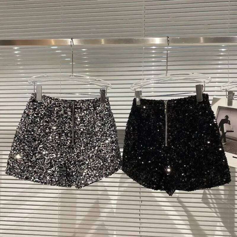 New Autumn Black Velvet Women Sequined Shiny Versatile Short Clubwear Shorts Hot Pants High Street XJ260206