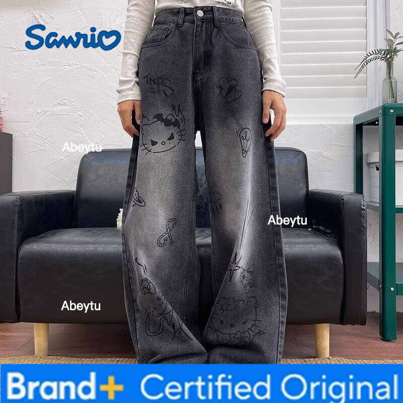 Sanrio Hello Kitty Kuromi Cartoon Pure Cotton Jeans Girl High Waist Fashion Leisure Graffiti Loose Retro Wide-Leg Pants Birthday Gift H260206