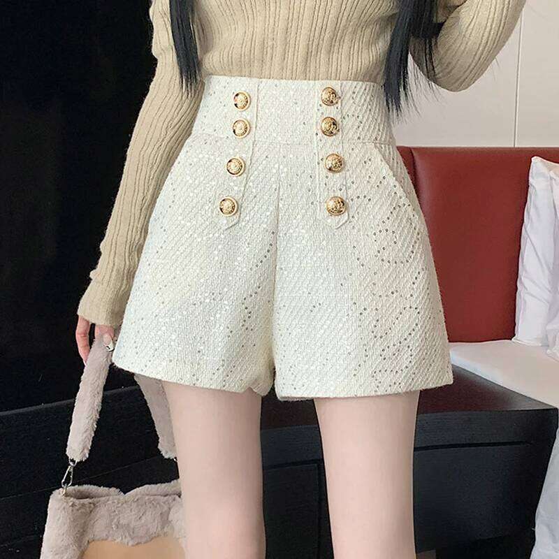 Fashion Streetwear Y2K Winter Women Korean High Waist Cute Sequined Tweed Booty Shorts Loose Wide Leg Short Pants Femme H260206
