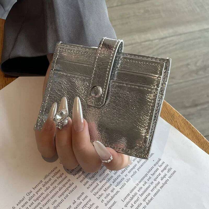 Leather Card Holder Women'S Ultra-Thin Mini Buckle Coin Purse Portable Wallet Silver Cute Bank Credit Id Bag Multi-Card Slot Y260206