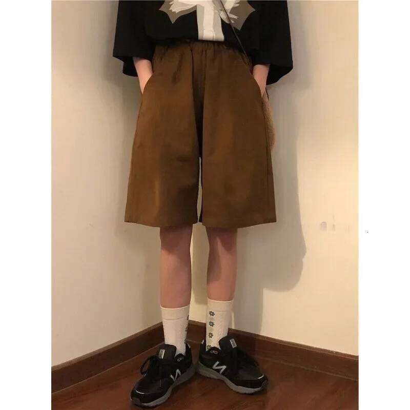 Retro Brown Workwear Pants Casual Suit Shorts Women Summer Thin Loose Wide Leg Five-Quarter Over-Knee Straight Mid-Pants XJ260206