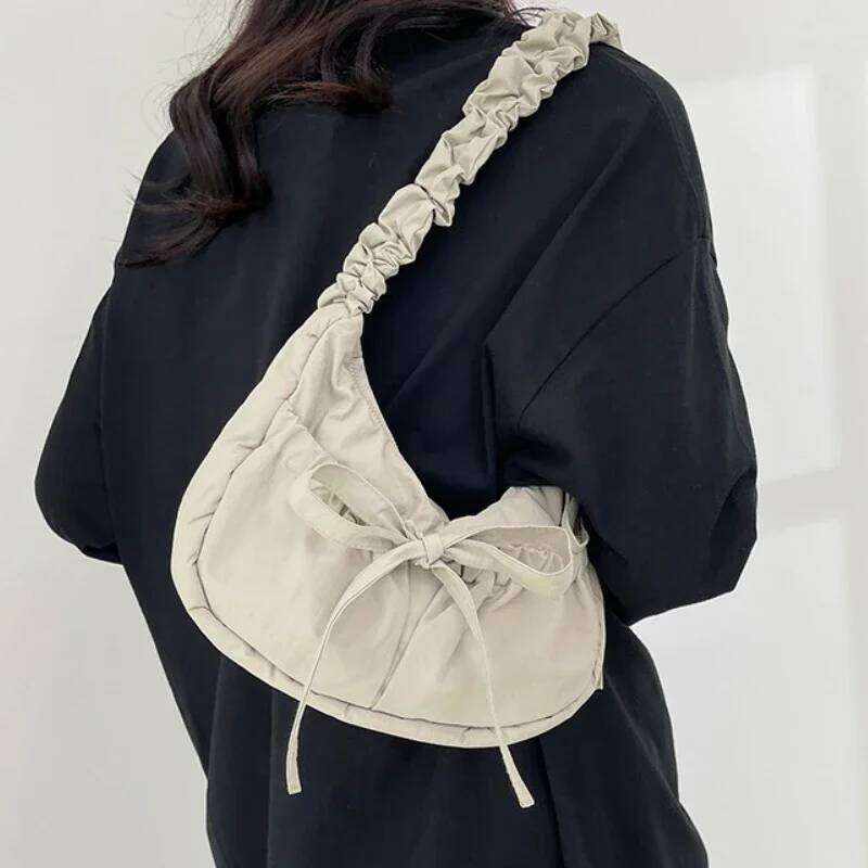 Pleated Strap Women's Sweet Bow Shoulder Bag Solid Color Female Underarm Bags Soft Nylon Ladies Portable Tote Purse Handbags Y260205