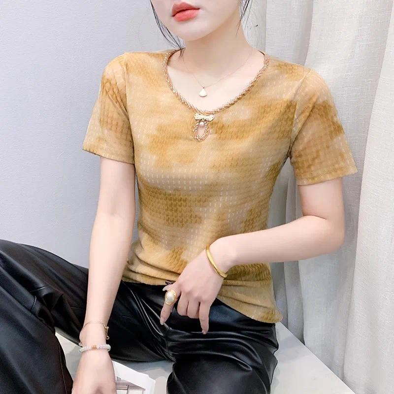 Women's T Shirts Women Round Neck Beaded Mesh T-Shirt Summer 2026 Short Sleeves Casual Clothing Female Fashion Hollowed Out Tees Tops