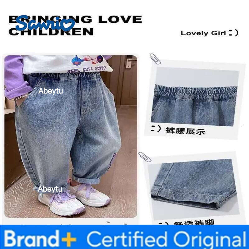 Sanrio Hello Kitty Kuromi Jeans Fleece-Lined Thickened Warm Cartoon New for Girls Baby Children Winter Fashionable Denim Pants H260206