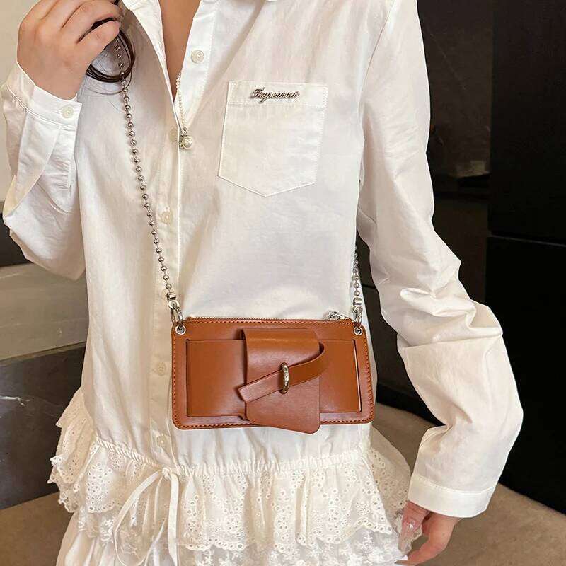 Bead Chain Women's PU Mobile Phone Crossbody For Daily Commute Office Work Solid Color Shoulder Bag Lady Purses Y260205