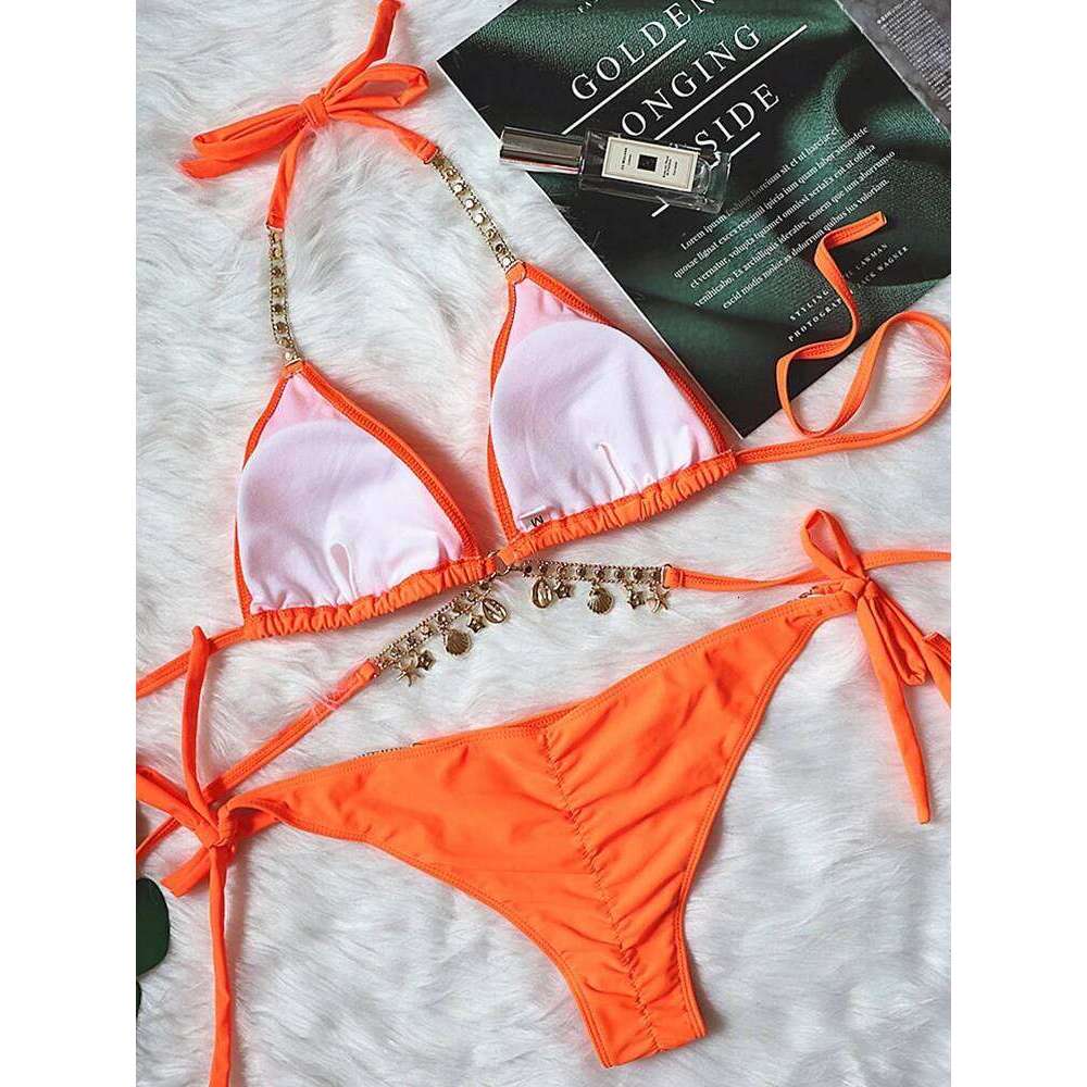 2025 Sexy Crystal Diamond Swimwear Women Swimsuit Chain Bandage Bikini Set Female Push Up Bathing Suits Summer Beach Wear XJ260206