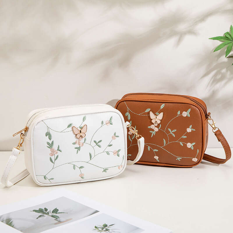 Artistic National Style Branch Leaf Embroidered Small Square Fresh And Elegant Women's Butterfly Mini Crossbody Shoulder Phone Bag MASA
