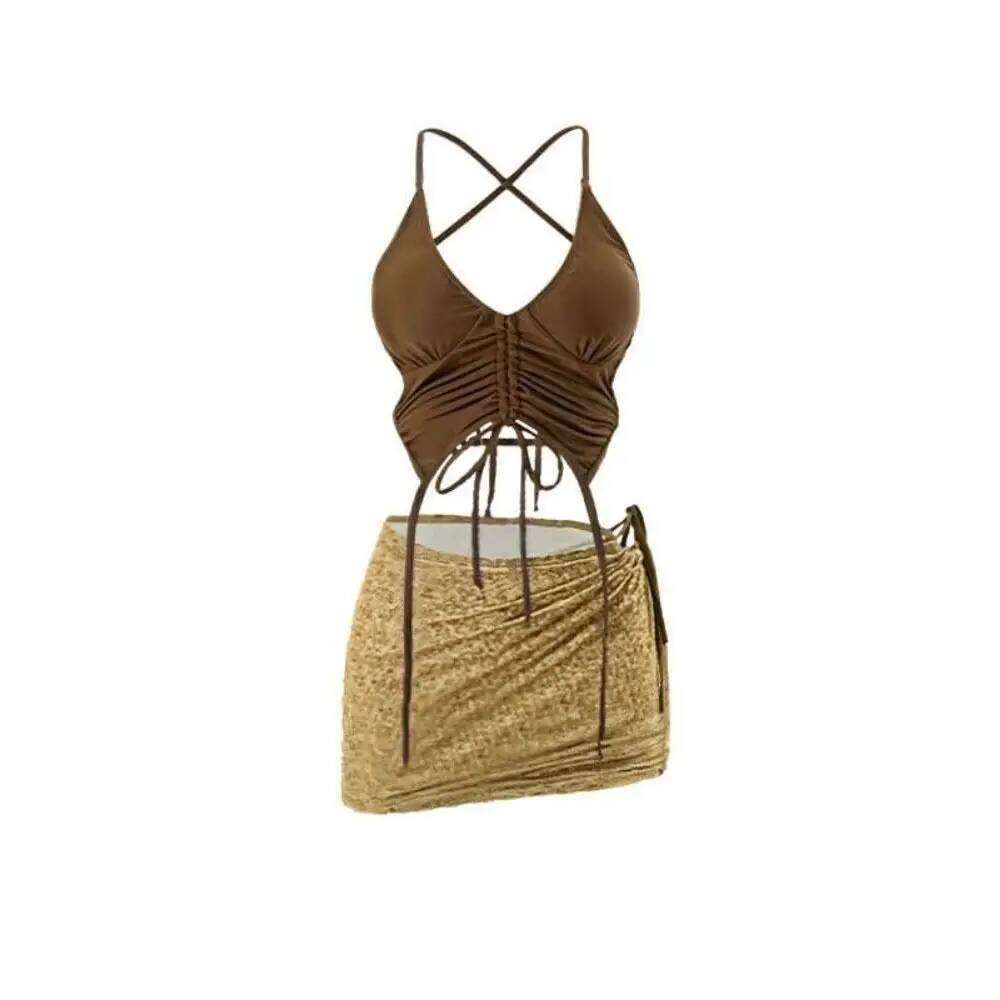 Coffee Swimsuit Suit Halter Neck Lace-up Design Triangle Mini Style Slimming Bikini Set Small Chest Z260206