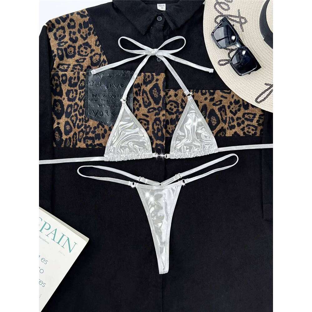 2024 PU Faux Leather Mini Micro Thong Women Swimwear Female Swimsuit Two-pieces Bikini set Bather Bathing Suit Swim K5280 XJ260206