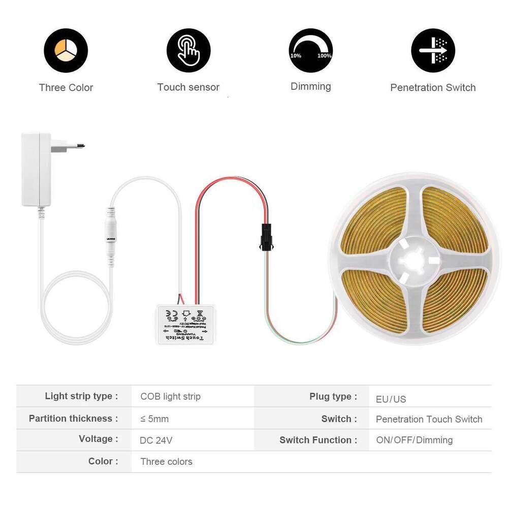 Dimmable Touch Sensor Switch CCT COB LED Strip Light 24V 2700K to 6500K Changeable For Table Mirror Backlight Tape Lamp Z260206