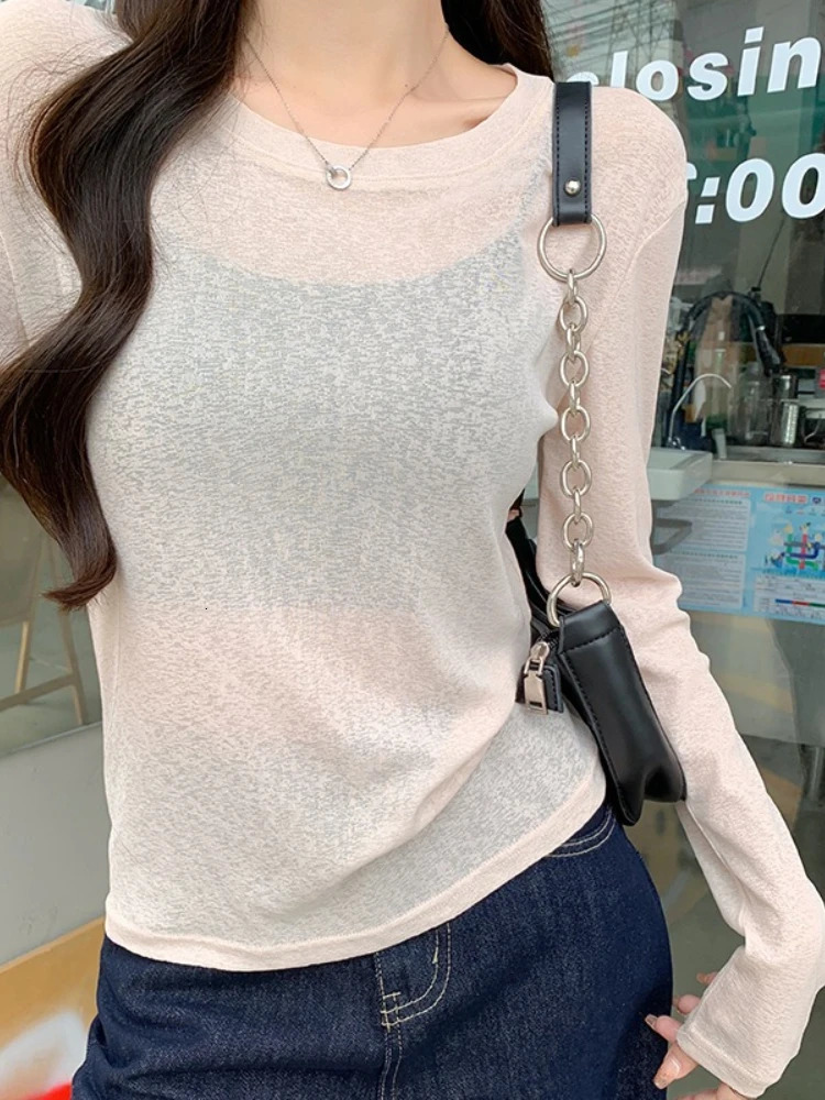 2026 Spring Summer Ice Silk Sun Protection Shirt Long Sleeve Solid Loose Versatile Cover Up Top Sexy Seethrough Women TShirts 260127