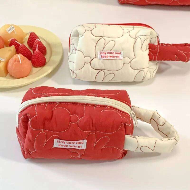 Cute Travel Storage Pouch Organizer for Women Handbag Large Capacity Zipper Makeup Bags Rabbit Quilted Cotton Cosmetic Cases Y260206