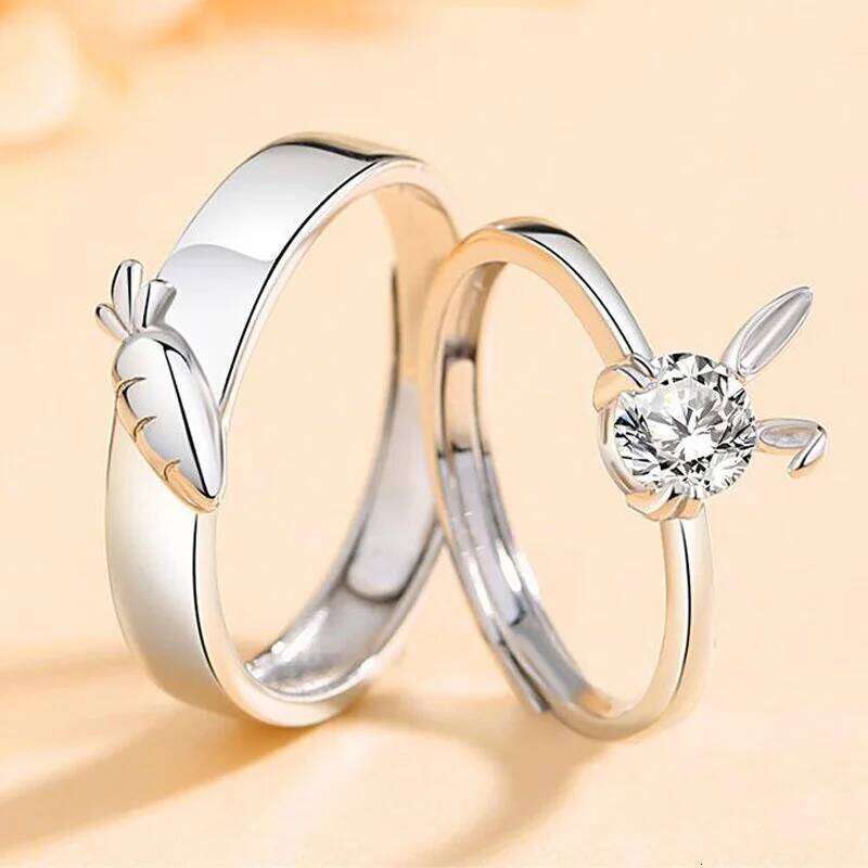 New Sweet Cute Rabbit Carrot Couples Rings White/Pink Crystal Bunny Silver Color Adjustable Open Lovers Ring For Women Gift W260206
