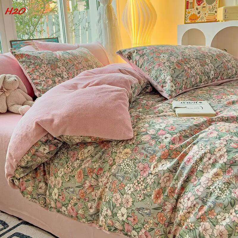 Four Piece Bed Sheet A All B Side Milk Velvet Home Textile Winter Warmth Keeping Cotton Plush Adding Set Bedding XJ260206