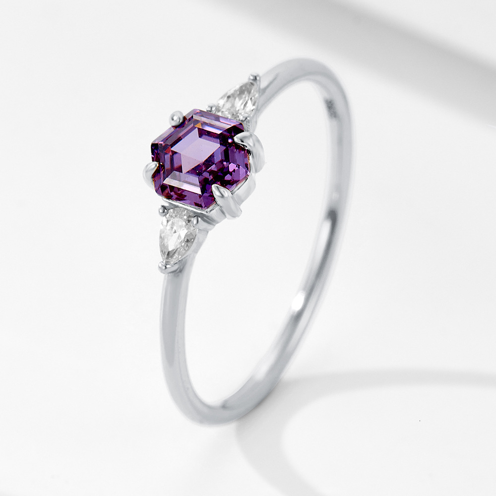 Minimalist Geometric Hexagon Purple Zircon Sterling Silver for Women, Light Luxury Ins Style Elegant Ring