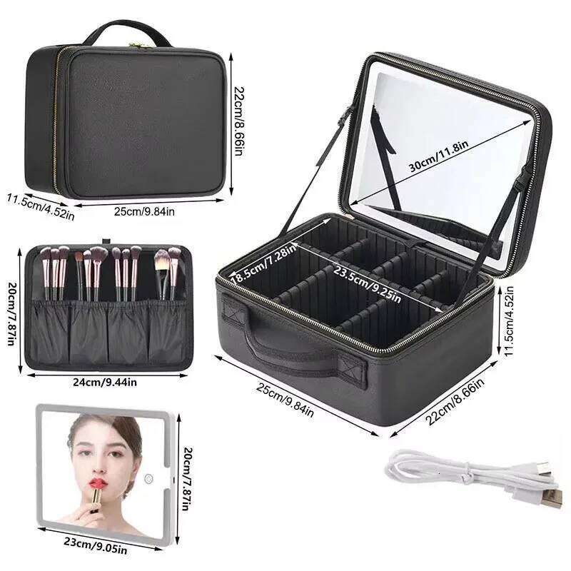 Smart LED Cosmetic With Mirror Travel Bag Large Capacity Female Beautician Skincare Product Makeup Case For Women Y260206