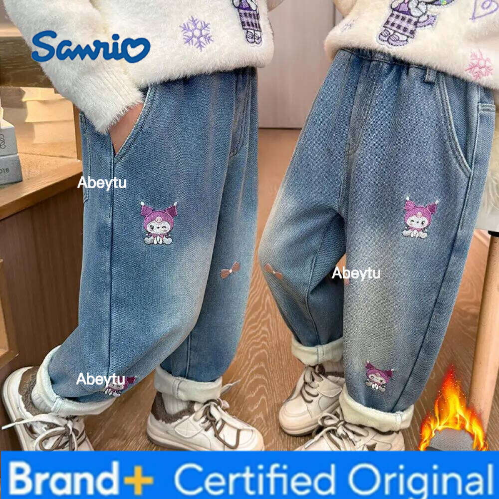 Sanrio Girls' Kuromi Fleece-Lined Jeans Winter and Spring New Fashion Children's Cute Cartoon Embroidery Bow Casual Long Pants H260206